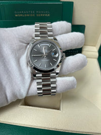 Rolex Day-Date 40 Platinum Presidential 228206 Smooth Bezel Dark Rhodium Stripe Motif Dial