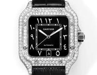 Cartier Santos 40MM 4.5CTW Natural Diamond Black Leather Strap Black Face