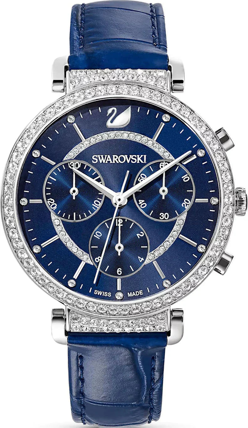 Swarovski Passage Chrono Watch, Swiss Made, Leather Strap, Blue, 5580342