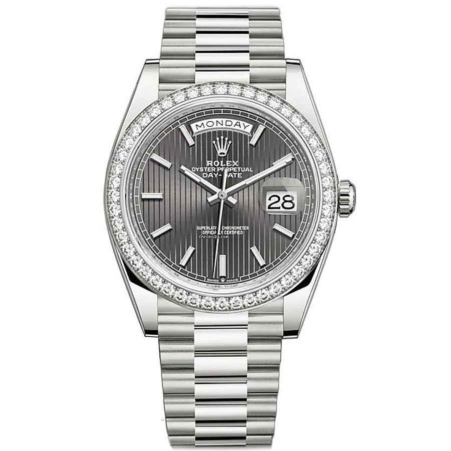 Rolex Day-Date 40 Presidential 228349RBR Diamond Bezel Dark Rhodium Stripe Motif Dial