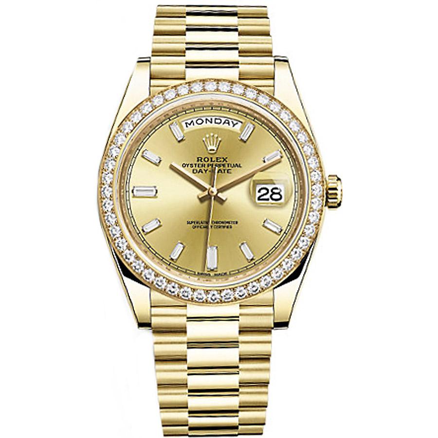 Rolex Day-Date 40 228348RBR Diamond Bezel Baguette Diamond Champagne Dial