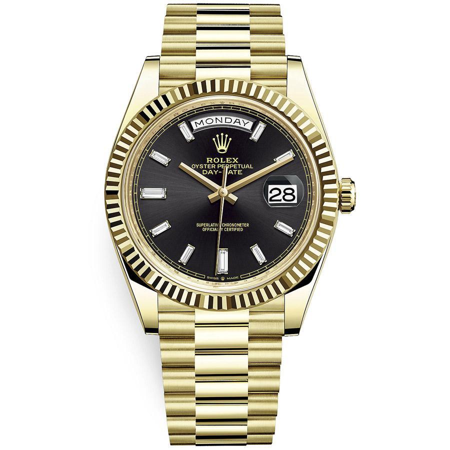 Rolex Day-Date 40 Presidential 228238 Fluted Bezel Baguette Diamond Black Dial