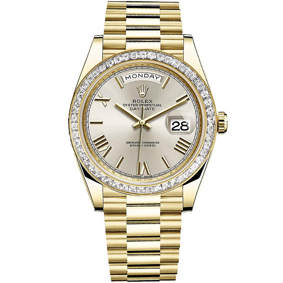 Rolex Day-Date 40 Presidential 228398TBR Baguette Diamond Bezel Silver Dial
