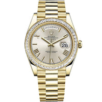 Rolex Day-Date 40 Presidential 228398TBR Baguette Diamond Bezel Silver Dial