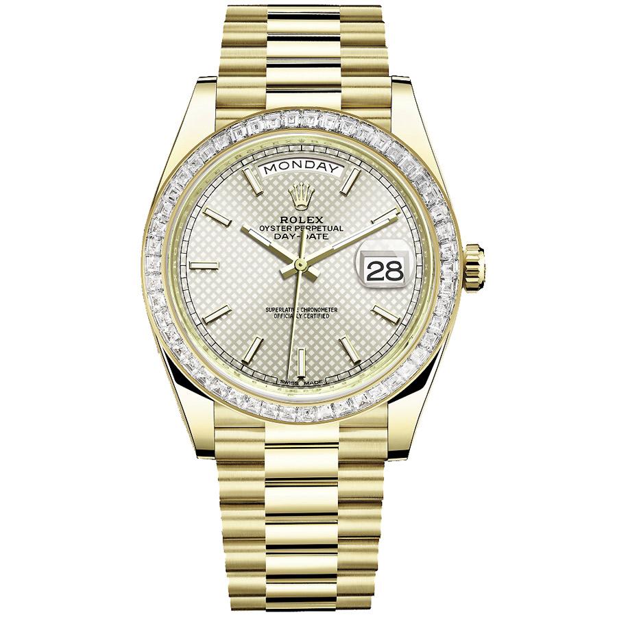 Rolex Day-Date 40 Presidential 228398TBR Baguette Diamond Bezel Silver Dial