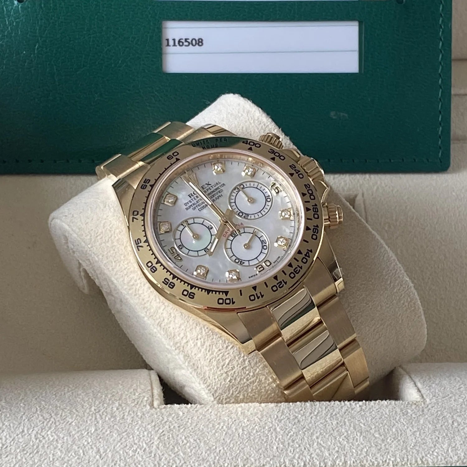 Rolex Daytona 40mm Yellow Gold 116508 White Mother Of Pearl Diamond Dial