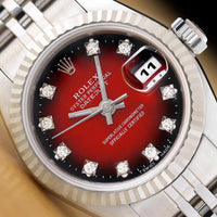 ROLEX LADIES DATEJUST 69174 RED VIGNETTE FACTORY DIAMOND 18K GOLD STEEL WATCH