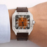 NEW 5TCW Natural Diamond Cartier Santos Large 40mm Pave Roman Brown Dial Men's W