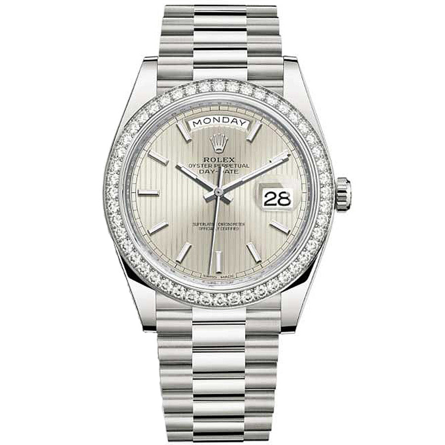 Rolex Day-Date 40 Presidential 228349RBR Diamond Bezel Silver Stripe Motif Dial