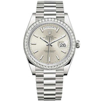 Rolex Day-Date 40 Presidential 228349RBR Diamond Bezel Silver Stripe Motif Dial