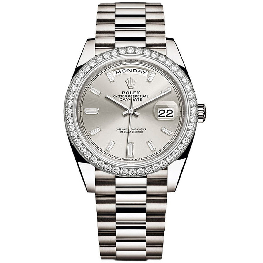 Rolex Day-Date 40 Presidential 228349RBR Diamond Bezel Baguette Diamond Silver Dial
