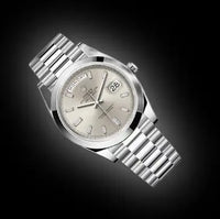 Rolex Day-Date 40 Platinum Presidential 228206 Smooth Bezel Silver Stripe Motif Dial