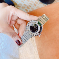 Swarovski Lovely Silver Stainless Steel Black Dial  Quartz Watch for Ladies - 1160305